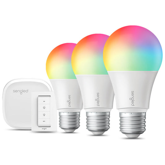 Elevate your home's ambiance with the Sengled Smart Lighting Starter Kit. This kit includes 3 Zigbee Color A19/E26 bulbs, 1 Smart Hub G4, and 1 Smart Switch, offering effortless control via the Sengled Home app. Enjoy customizable lighting with millions of colors, schedule settings, and voice control compatibility with Alexa and Google Assistant. Simplify your smart home experience with reliable connectivity and seamless integration, perfect for modern living.